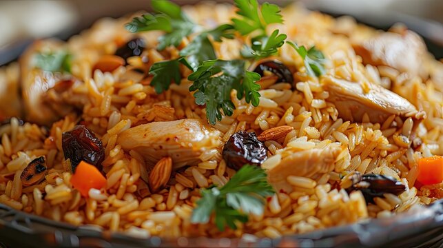 Turkish Perde Pilavi Drape pilaf with chicken almond and raisin A local flavor Rice from Siirt region Turkish name Siirt perde pilavi
