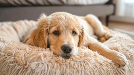 Fluffy Golden Retriever Puppy on Neutral Dog Bed