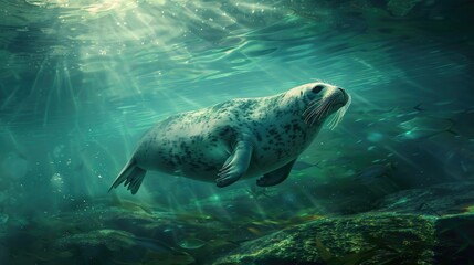 Fototapeta premium Seal phoca swims underwater Underwater seal