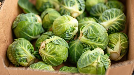 A close up of a bunch of raw Brussels sprouts in brown cardboard The vibrant green vegetable has multiple small round cabbage heads The healthy ripened uncooked sprouts have large dark green leaves