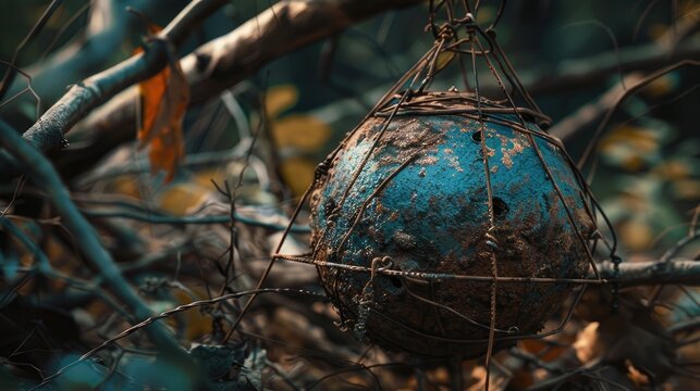 Grenade with a tripwire Stretched wire of enemy trap in forest
