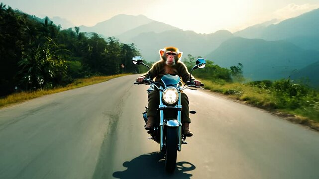 Monkey Rides Motorcycle on Winding Mountain Road at Sunset