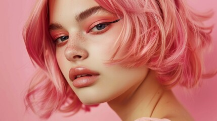 A woman with pink hair and makeup is standing in front of a pink background