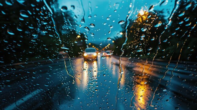 Drizzle on the windsheild Inside car when rainning Road view through car window with rain drops selective focus