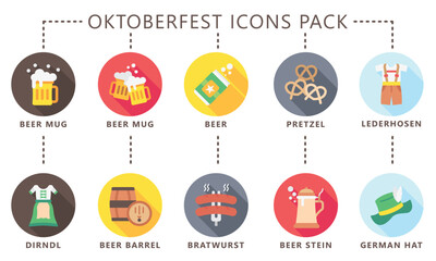 Oktoberfest rounded multi color icons pack, includes traditional Bavarian elements like beer barrels, bratwurst, accordions, beer tents, Pretzels, lederhosen, dirndls and more. vector EPS 10.