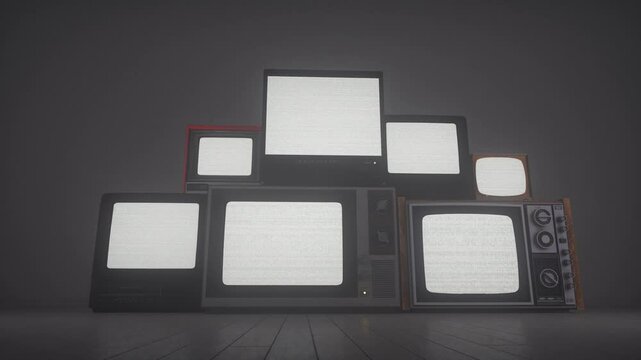 Stack of vintage, retro TV Televisions sets with static noise signal. Analog noise, glitch effect on screens. Lots of old televisions
