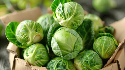 A close up of a bunch of raw Brussels sprouts in brown cardboard The vibrant green vegetable has multiple small round cabbage heads The healthy ripened uncooked sprouts have large dark green leaves