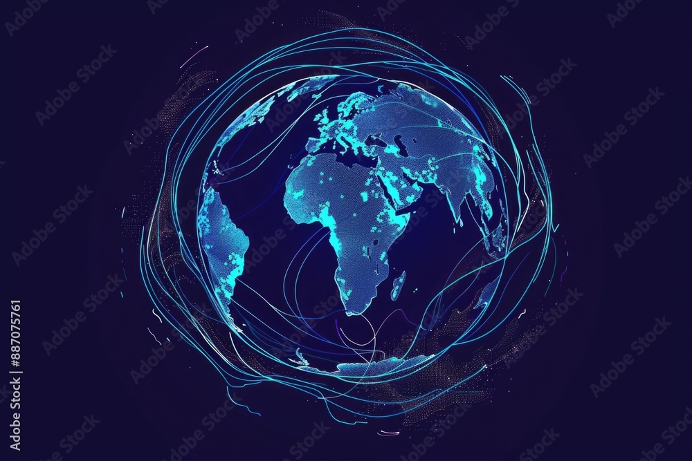 Aufkleber a blue sphere surrounded by a network of lines, ideal for illustrations related to technology, scien