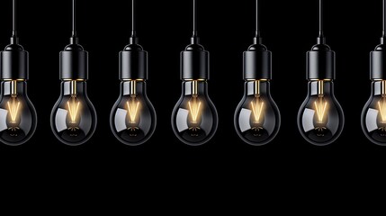 Seven black light bulbs with glowing filaments hang against a dark background