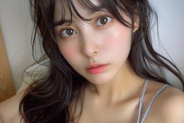 Naklejka premium グレーのキャミソールを着ている女性 ルームウェア