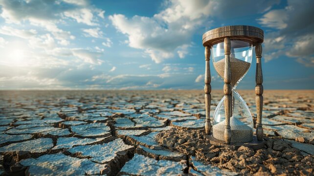 Hourglass on cracked earth symbolizes time running out and drought