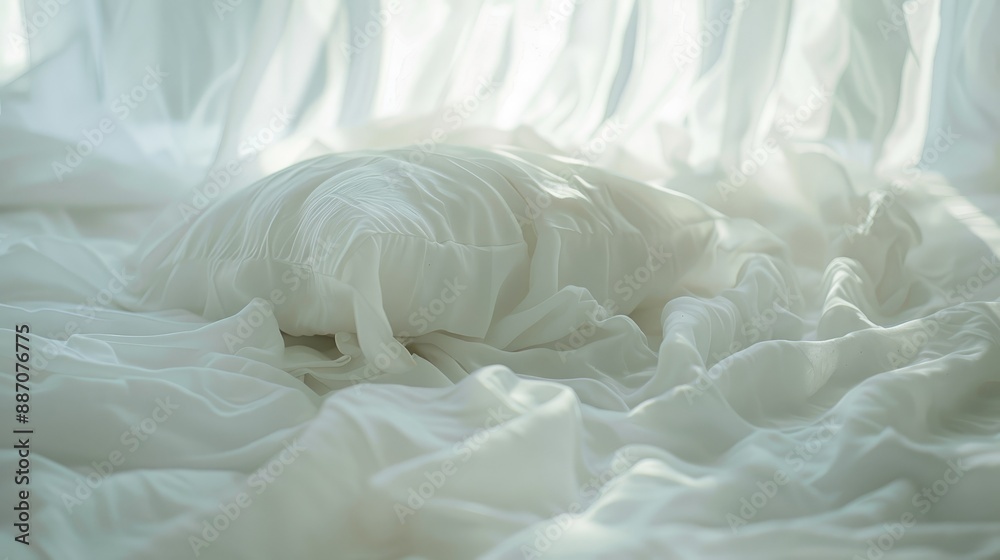 Sticker Crumpled white pillow on bed with blurred background for relaxation