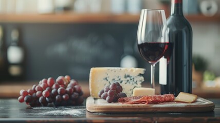 Wine and cheese with grapes in cozy setting