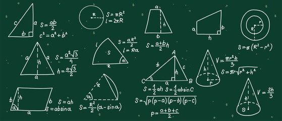 Mathematics formulas set. Hand drawn math geometry formulas. School green board with sketch symbols icon in flat style. Education concept. Isolated vector illustration