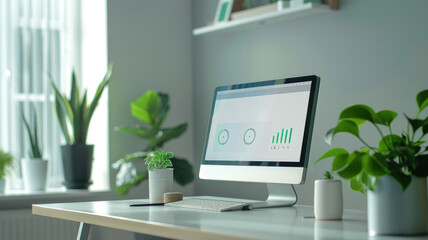 Modern home office setup with computer and various plants Minimalist clean design Natural lighting