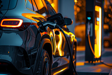 An electric car refueling at a futuristic gas station illuminated by orange neon lights.