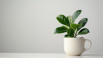 Green foliage in a mug on white backdrop for design concept