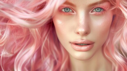 Fototapeta premium A woman with pink hair and blue eyes is wearing makeup