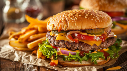 A double smash burger with cheese, lettuce, onion, tomato, and dressing, served with fries as a side dish