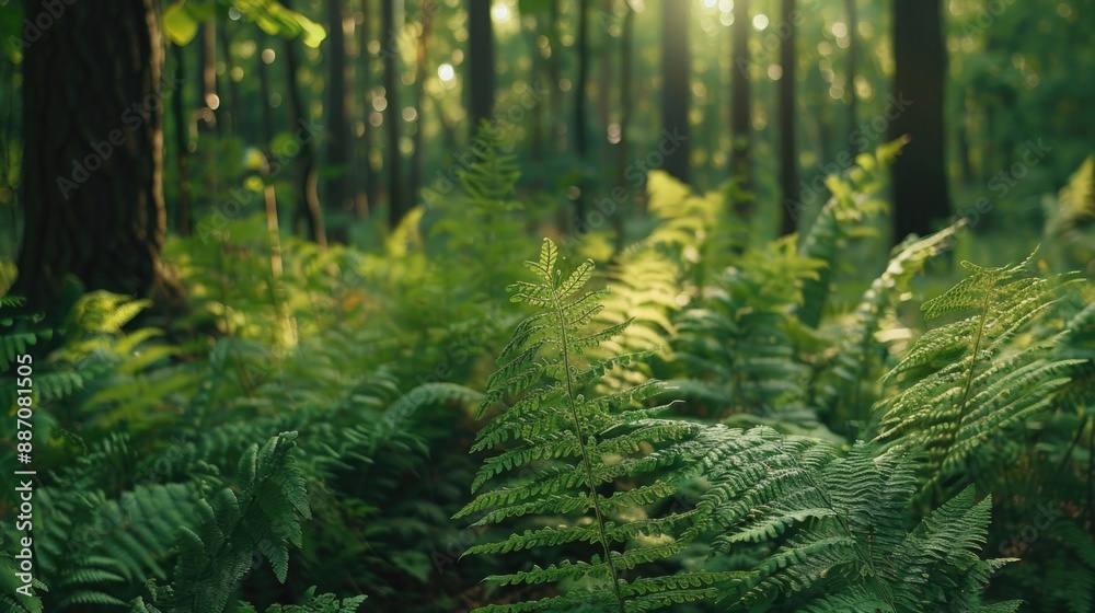 Poster a dense forest with abundant greenery, suitable for use in nature-inspired designs or as a backgroun