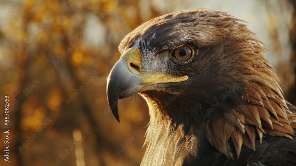 Poster a close-up shot of a bird of prey perched on a tree branch, surrounded by foliage