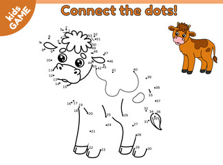 Dot to dot kids game with farm calf. Connect the dots by numbers, draw a cartoon baby cow and color it. Educational puzzle for preschool and school children. Vector baby illustration of farm animal.