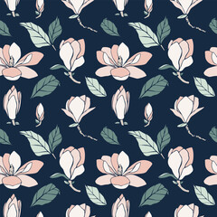 Cotton fabric Vector seamless pattern with magnolia flower silhouette in soft pastel color on blue background. flower bud of different shapes for wedding design, prints, templates, greeting cards, invitations