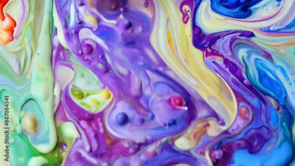 Poster a close-up of vibrant liquid paint swirling together in a colorful pattern.