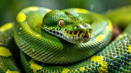 Fototapeta premium Close up of green tree python Morelia viridis in natural environment highlighting snake skin texture with artistic portrayal Featuring wildlife and conservation themes