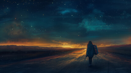 Obraz premium A lone woman traveler, staggering along the road at night. Dragging a heavy travel bag, the road is full of twists and turns and twists and turns,generative ai