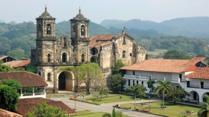 Fototapeta na wymiar Historical ruins in Costa Rica, historic church, surrounding gardens, clear day
