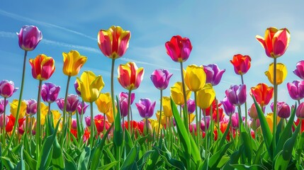 Obraz premium Colorful Field of Blooming Tulips under Clear Blue Sky Nature Photography for Spring Celebrations and Design