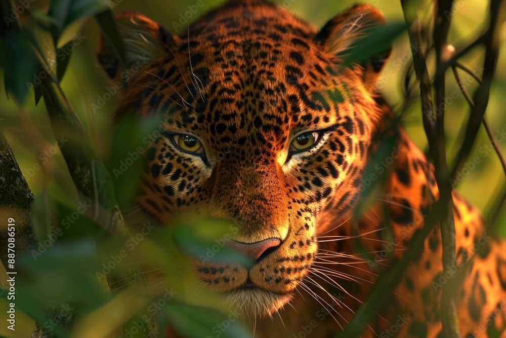 Poster A leopard's face is shown in a tree, providing a unique and intimate view