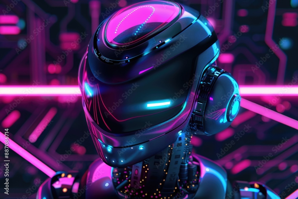 Poster a close-up shot of a robot wearing headphones, ready to listen or create music