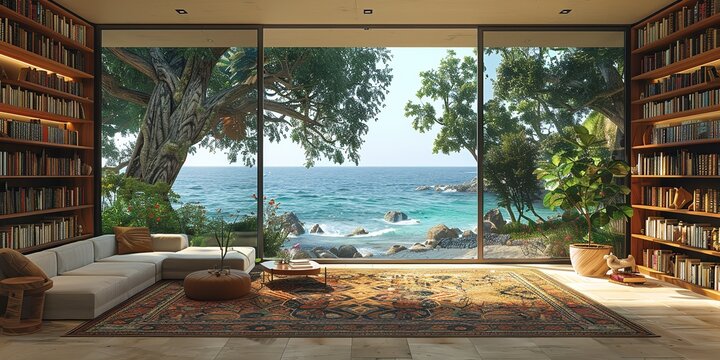 A welcoming home office library with large windows offering serene views of nature in soft sunlight, featuring an ocean beach scenery backdrop. The room includes a bookshelf in a modern decor, 