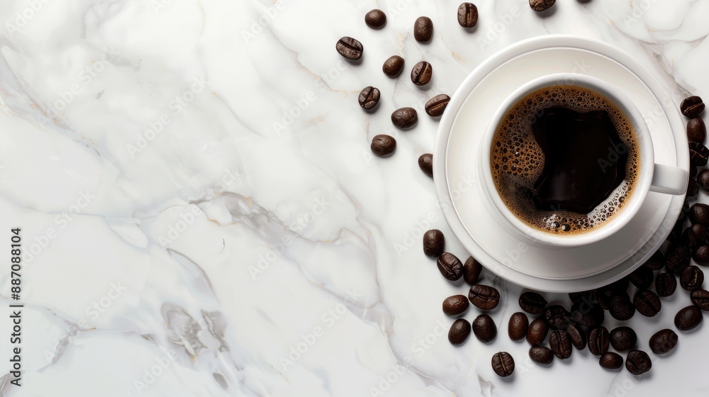 Canvas Prints Delicious coffee and beans on white marble table Popular morning drinks Food and macro concept Top view with text space Selective focus