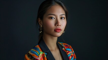 Portrait of a young Asian businesswoman in a vibrant outfit, ready to succeed