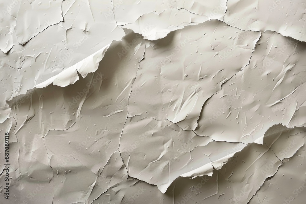 Poster A close-up view of a white wall with peeling paint, suitable for use in interior design or DIY tutorials