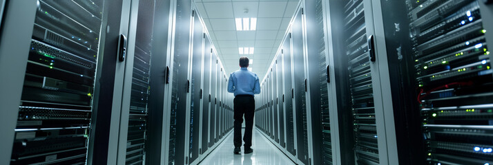 A Lone Figure Walks Through the Server Room, Guiding the Flow of Data