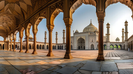 Fototapeta premium panoramic view of the main courtyard at the tranquil open space, with an ornate dome and minarets casting long shadows on its marble floor