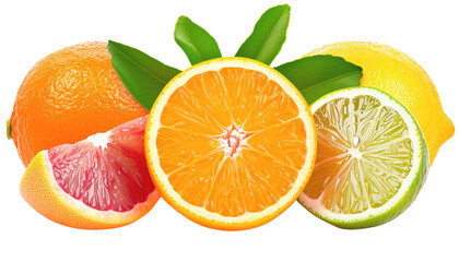 Citrus fruits on a transparent background. Composition of orange, grapefruit, lemon and lime.