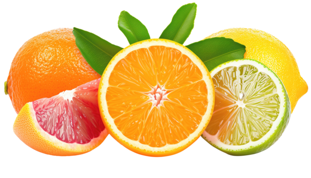 Citrus fruits on a transparent background. Composition of orange, grapefruit, lemon and lime.