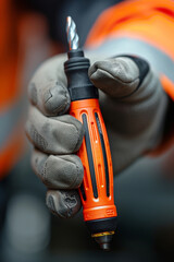 Naklejka premium A Close-Up View of a Sturdy, Orange Electric Screwdriver Held in a Gloved Hand
