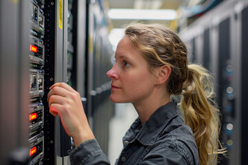 Focused Inspection: A Female IT Technician Carefully Examines Network Equipment in a Server Room