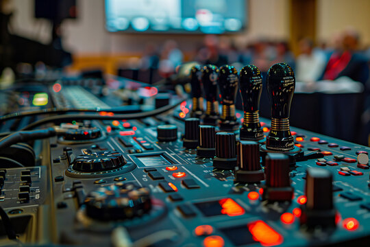 Audio Console Glows in a Conference Room During a Live Interpretation