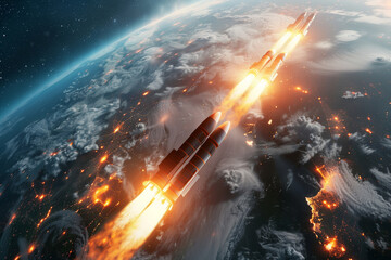 Fototapeta premium A Symphony of Fire: Nuclear Missiles Ascend Towards a Doomed Earth