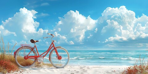 Fototapeta premium Background of a summer bicycle ride along the beach with clear blue sky and water.