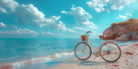 Fototapeta premium Background of a summer bicycle ride along the beach with clear blue sky and water.