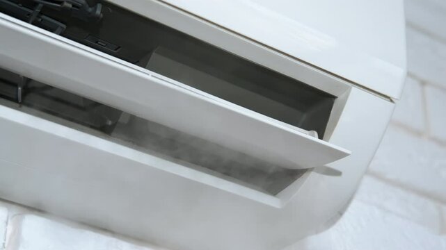 Working split system air conditioning inside. A frozen air comes from the working air conditioner on the wall.