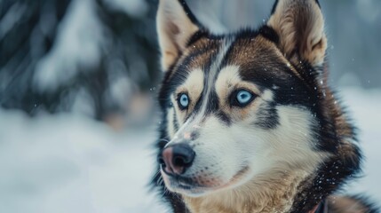 Fototapeta premium Amusing husky pet in outdoor portrait ahead of sled race